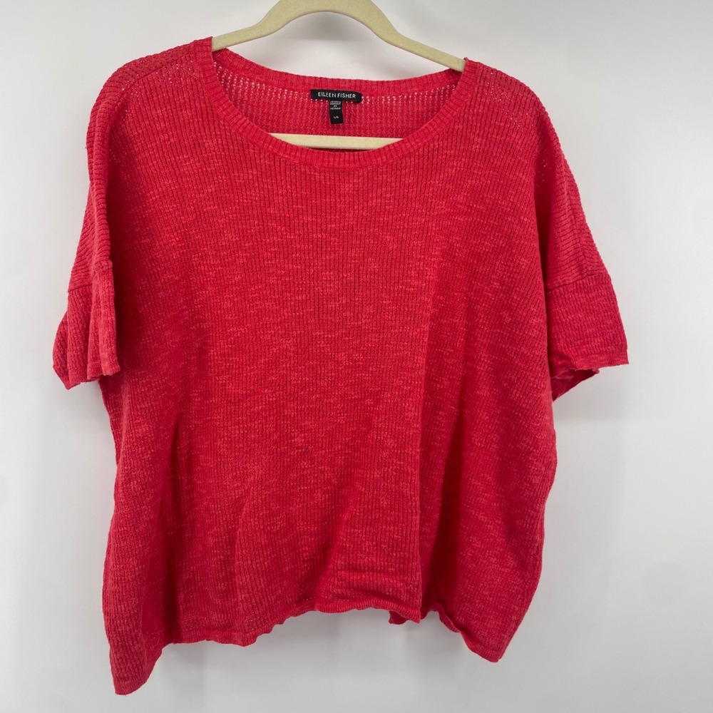 Eileen Fisher Sweater Womens L Red Organic Linen Cotton Short Sleeve Boxy Knit